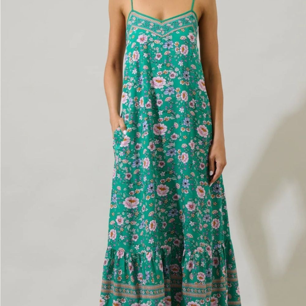 Sugar Lips Tali Floral Valle Tie Back Maxi Dress Green Boho size M